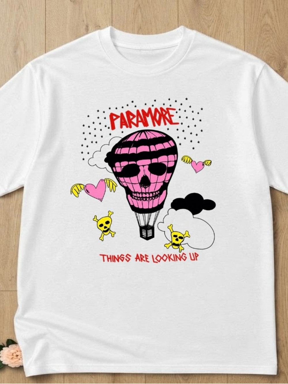 White Graphic Tee - Pink Hot Air Skull Design